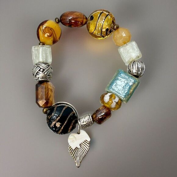 Multi Color Artisan Murano Lampwork Glass Beads W/Mother Of Pearl Elephant Charm - Picture 1 of 9